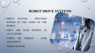 ROBOT DRIVE SYSTEMS
• DRIVE SYSTEM - PROVIDES
POWER TO THE LINKS OF THE
ROBOT.
• THEY ARE ALSO KNOWN AS
ACTUATORS.
• FORCE OR TORQUE – LINK
MOVEMENT
• WRIST MOTION.
 