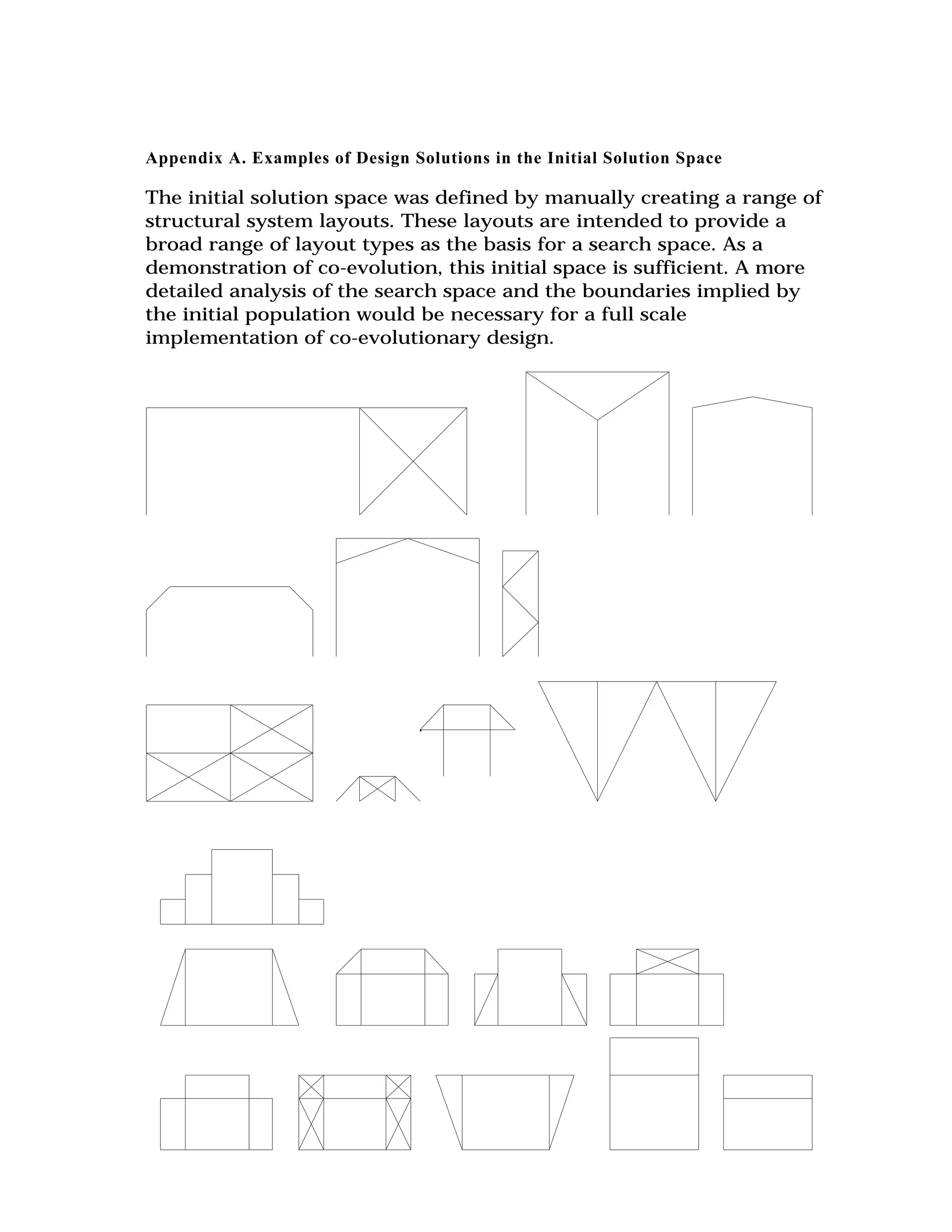 Appendix A. Examples of Design Solutions in the Initial Solution Space

The initial solution space was defined by manually creating a range of
structural system layouts. These layouts are intended to provide a
broad range of layout types as the basis for a search space. As a
demonstration of co-evolution, this initial space is sufficient. A more
detailed analysis of the search space and the boundaries implied by
the initial population would be necessary for a full scale
implementation of co-evolutionary design.

 