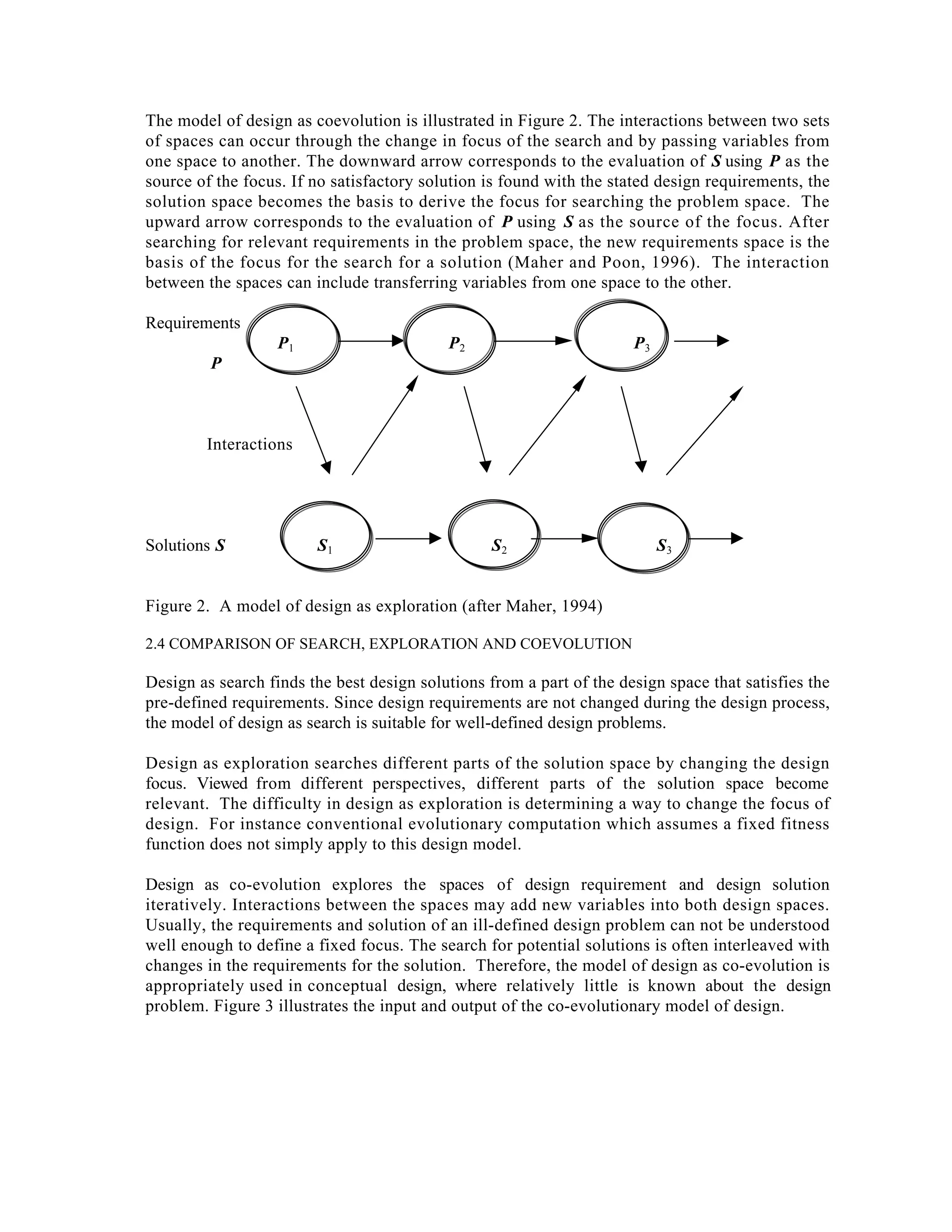 The model of design as coevolution is illustrated in Figure 2. The interactions between two sets
of spaces can occur through the change in focus of the search and by passing variables from
one space to another. The downward arrow corresponds to the evaluation of S using P as the
source of the focus. If no satisfactory solution is found with the stated design requirements, the
solution space becomes the basis to derive the focus for searching the problem space. The
upward arrow corresponds to the evaluation of P using S as the source of the focus. After
searching for relevant requirements in the problem space, the new requirements space is the
basis of the focus for the search for a solution (Maher and Poon, 1996). The interaction
between the spaces can include transferring variables from one space to the other.
Requirements
P1

P2

P3

P

Interactions

Solutions S

S1

S2

S3

Figure 2. A model of design as exploration (after Maher, 1994)
2.4 COMPARISON OF SEARCH, EXPLORATION AND COEVOLUTION

Design as search finds the best design solutions from a part of the design space that satisfies the
pre-defined requirements. Since design requirements are not changed during the design process,
the model of design as search is suitable for well-defined design problems.
Design as exploration searches different parts of the solution space by changing the design
focus. Viewed from different perspectives, different parts of the solution space become
relevant. The difficulty in design as exploration is determining a way to change the focus of
design. For instance conventional evolutionary computation which assumes a fixed fitness
function does not simply apply to this design model.
Design as co-evolution explores the spaces of design requirement and design solution
iteratively. Interactions between the spaces may add new variables into both design spaces.
Usually, the requirements and solution of an ill-defined design problem can not be understood
well enough to define a fixed focus. The search for potential solutions is often interleaved with
changes in the requirements for the solution. Therefore, the model of design as co-evolution is
appropriately used in conceptual design, where relatively little is known about the design
problem. Figure 3 illustrates the input and output of the co-evolutionary model of design.

 