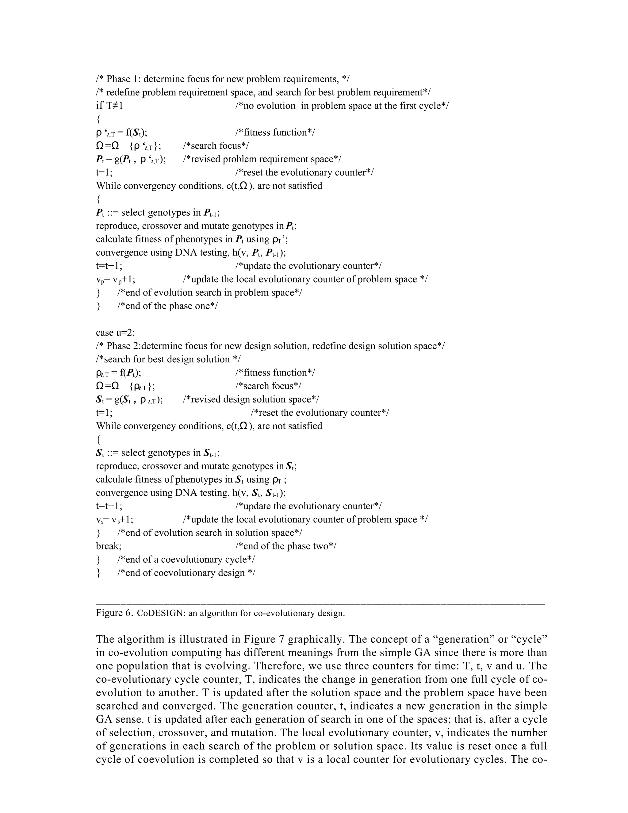 /* Phase 1: determine focus for new problem requirements, */
/* redefine problem requirement space, and search for best problem requirement*/
if T≠1
/*no evolution in problem space at the first cycle*/
{
ρ ‘t,T = f(S t );
/*fitness function*/
Ω =Ω∪{ρ ‘t,T };
/*search focus*/
Pt = g(Pt , ρ ‘t,T );
/*revised problem requirement space*/
t=1;
/*reset the evolutionary counter*/
While convergency conditions, c(t,Ω ), are not satisfied
{
Pt ::= select genotypes in Pt-1 ;
reproduce, crossover and mutate genotypes in Pt ;
calculate fitness of phenotypes in Pt using ρT ’;
convergence using DNA testing, h(v, Pt , P t-1 );
t=t+1;
/*update the evolutionary counter*/
vp= v p+1;
/*update the local evolutionary counter of problem space */
}
/*end of evolution search in problem space*/
}
/*end of the phase one*/
case u=2:
/* Phase 2:determine focus for new design solution, redefine design solution space*/
/*search for best design solution */
ρt,T = f(Pt );
/*fitness function*/
Ω =Ω∪{ρt,T };
/*search focus*/
S t = g(S t , ρ t,T );
/*revised design solution space*/
t=1;
/*reset the evolutionary counter*/
While convergency conditions, c(t,Ω ), are not satisfied
{
S t ::= select genotypes in S t-1 ;
reproduce, crossover and mutate genotypes in S t ;
calculate fitness of phenotypes in S t using ρT ;
convergence using DNA testing, h(v, S t , S t-1 );
t=t+1;
/*update the evolutionary counter*/
vs= v s+1;
/*update the local evolutionary counter of problem space */
}
/*end of evolution search in solution space*/
break;
/*end of the phase two*/
}
/*end of a coevolutionary cycle*/
} /*end of coevolutionary design */

_________________________________________________________________________
Figure 6 . CoDESIGN: an algorithm for co-evolutionary design.
The algorithm is illustrated in Figure 7 graphically. The concept of a “generation” or “cycle”
in co-evolution computing has different meanings from the simple GA since there is more than
one population that is evolving. Therefore, we use three counters for time: T, t, v and u. The
co-evolutionary cycle counter, T, indicates the change in generation from one full cycle of coevolution to another. T is updated after the solution space and the problem space have been
searched and converged. The generation counter, t, indicates a new generation in the simple
GA sense. t is updated after each generation of search in one of the spaces; that is, after a cycle
of selection, crossover, and mutation. The local evolutionary counter, v, indicates the number
of generations in each search of the problem or solution space. Its value is reset once a full
cycle of coevolution is completed so that v is a local counter for evolutionary cycles. The co-

 