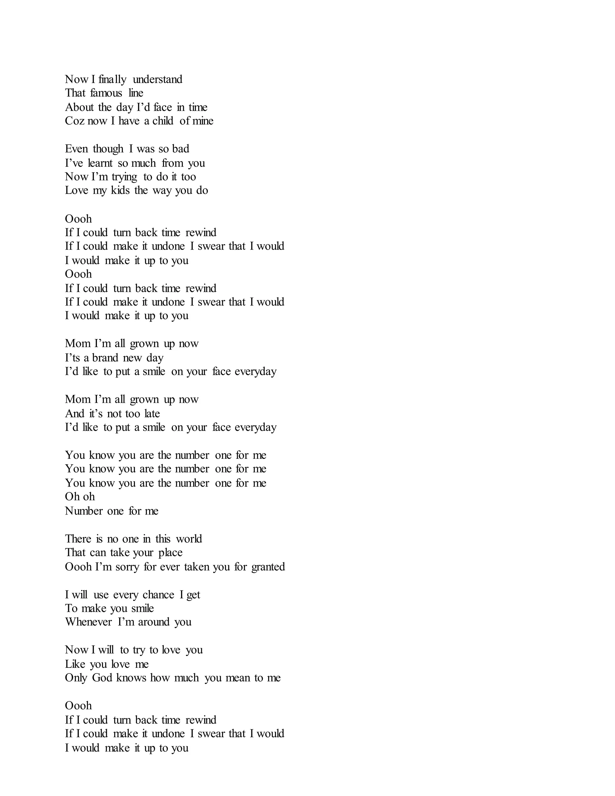 Now I finally understand
That famous line
About the day I’d face in time
Coz now I have a child of mine
Even though I was so bad
I’ve learnt so much from you
Now I’m trying to do it too
Love my kids the way you do
Oooh
If I could turn back time rewind
If I could make it undone I swear that I would
I would make it up to you
Oooh
If I could turn back time rewind
If I could make it undone I swear that I would
I would make it up to you
Mom I’m all grown up now
I’ts a brand new day
I’d like to put a smile on your face everyday
Mom I’m all grown up now
And it’s not too late
I’d like to put a smile on your face everyday
You know you are the number one for me
You know you are the number one for me
You know you are the number one for me
Oh oh
Number one for me
There is no one in this world
That can take your place
Oooh I’m sorry for ever taken you for granted
I will use every chance I get
To make you smile
Whenever I’m around you
Now I will to try to love you
Like you love me
Only God knows how much you mean to me
Oooh
If I could turn back time rewind
If I could make it undone I swear that I would
I would make it up to you
 