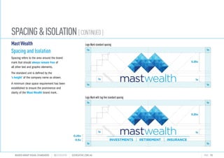 SPACINGISOLATION[CONTINUED]
MAHER GROUP VISUAL STANDARDS ?S2CREATIVE S2CREATIVE.COM.AU PAGE 15
MastWealth
Spacing and Isolation
Spacing refers to the area around the brand
mark that should always remain free of
all other text and graphic elements.
The standard unit is defined by the
x height of the company name as shown.
A minimum clear space requirement has been
established to ensure the prominence and
clarity of the Mast Wealth brand mark.
Logo Mark standard spacing
Logo Mark with tag-line standard spacing
0.25x
1x
3.25x
0.5x
1x
1x 1x
1x1x
INVESTMENTS RETIREMENT INSURANCE
1x
3.25x
1x
1x 1x
1x1x
 