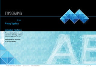 TYPOGRAPHY
MAHER GROUP VISUAL STANDARDS ?S2CREATIVE S2CREATIVE.COM.AU PAGE 19
ABABAB
The logotype typography has been selected
to compliment the bold M icon
Primary Typeface
The primary typeface is used for the company name.
Secondary Typefaces
The secondary typefaces are used in-
conjunction with the logo and are a
component of the look and feel.
Typefaces used are as outlined
on the following pages.
 