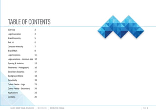 Overview					3
Logo Inspiration			4
Brand hierarchy			5
Tool kit						6
Company Hierachy		 7
Brand Mark				8
Logo Variations				11
Logo variations - minimum size	 12
Spacing & isolation		 13
Treatments - Photography	 16
Secondary Graphics		 17
Background Matrix		 18
Typography					19
Colour Palette - Logo		 23
Colour Palette - Secondary	 24
Applications				23
Contacts					25
TABLEOFCONTENTS
MAHER GROUP VISUAL STANDARDS ?S2CREATIVE S2CREATIVE.COM.AU PAGE 2
 