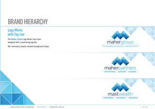BRANDHIERARCHY
Logo Marks
with Tag-line
The Maher Group Logo Marks have been
designed with a positioning tag-line.
NB: Secondary Graphic faceted background shown.
MAHER GROUP VISUAL STANDARDS ?S2CREATIVE S2CREATIVE.COM.AU PAGE 5
INVESTMENTS RETIREMENT INSURANCE
 