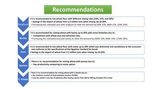 Recommendations
Sorghum
•It is recommended to mix wheat flour with different mixing rates (10%, 15%, and 20%)
•Savings in the import of wheat from 1-2 million tons when mixing by 10-20%
•Increasing the cultivated area with sorghum to meet the demand by (90K-10%, 300K-15%, 550K-20%)
Barley
•It is recommended to mix wheat flour with maize up to 20% which was distinctive and satisfactory to the consumer
and conforms to the specifications of the Egyptian standard for bread
•Savings in the import of wheat from 1-2 million tons when mixing by 10-20%
Corn
• It is recommended for mixing wheat with barley up to 20% with some limitation due to;
• Competition with wheat and Low extraction rate,
•Increasing the cultivated area with barley to meet the demand by (500K-10%, 830K-15%, 1150K-20%)
Quinoa
• There is no recommendation for mixing wheat with quinoa due to;
• low productivity comparing to maize option
S. Potato
• There is no recommendation for mixing wheat with S. Potato due to;
• the moisture content of fresh potatoes reaches 70-80%,
• Low dry matter ( one ton of potatoes after drying is given from 200 to 300 kg of potato flour only)
 
