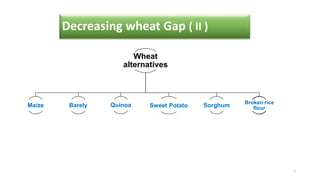 Wheat
alternatives
Maize Barely Quinoa Sweet Potato Sorghum Broken rice
flour
7
Decreasing wheat Gap ( II )
 