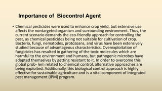 Importance of Biocontrol Agent
• Chemical pesticides were used to enhance crop yield, but extensive use
affects the nontargeted organism and surrounding environment. Thus, the
current scenario demands the eco-friendly approach for controlling the
pest, as chemical pesticides being not suitable for cultivation of crop.
Bacteria, fungi, nematodes, protozoans, and virus have been extensively
studied because of advantageous characteristics. Overexploitation of
fungicides has resulted in gathering of the toxic molecules which are
harmful to the environment and humans, but pathogenic microbes have
adapted themselves by getting resistant to it. In order to overcome this
global prob- lem related to chemical control, alternative approaches are
being exploited. Additionally, this biological control approach is highly
effective for sustainable agriculture and is a vital component of integrated
pest management (IPM) program.
 
