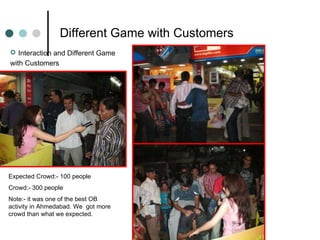 Different Game with Customers Interaction and Different Game  with Customers Expected Crowd:- 100 people Crowd:- 300 people Note:- it was one of the best OB activity in Ahmedabad. We  got more crowd than what we expected. 
