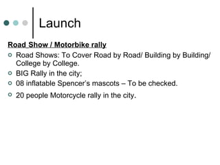 Launch Road   Show / Motorbike rally Road Shows: To Cover Road by Road/ Building by Building/ College by College. BIG Rally in the city; 08 inflatable Spencer’s mascots – To be checked. 20 people Motorcycle rally in the city . 
