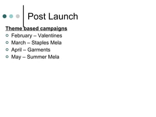 Post Launch Theme based campaigns February – Valentines March – Staples Mela April – Garments May – Summer Mela 