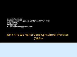 Mahesh Kankane
Theme Anchor-Vegetable Garden and PVSP Trial
Bhopal (M.P.)
7869954370
maheshkankane@gmail.com
 