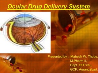 Ocular Drug Delivery System Presented by :  Mahesh W. Thube,                          M.Pharm II,                          Dept. Of P’ceu,                          GCP, Aurangabad. 