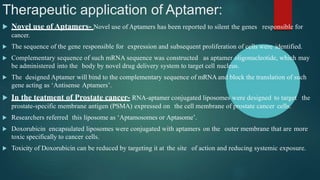 Therapeutic application of Aptamer:
 Novel use of Aptamers- Novel use of Aptamers has been reported to silent the genes responsible for
cancer.
 The sequence of the gene responsible for expression and subsequent proliferation of cells were identified.
 Complementary sequence of such mRNA sequence was constructed as aptamer oligonucleotide, which may
be administered into the body by novel drug delivery system to target cell nucleus.
 The designed Aptamer will bind to the complementary sequence of mRNA and block the translation of such
gene acting as ‘Antisense Aptamers’.
 In the teatment of Prostate cancer- RNA-aptamer conjugated liposomes were designed to target the
prostate-specific membrane antigen (PSMA) expressed on the cell membrane of prostate cancer cells.
 Researchers referred this liposome as ‘Aptamosomes or Aptasome’.
 Doxorubicin encapsulated liposomes were conjugated with aptamers on the outer membrane that are more
toxic specifically to cancer cells.
 Toxicity of Doxorubicin can be reduced by targeting it at the site of action and reducing systemic exposure.
 
