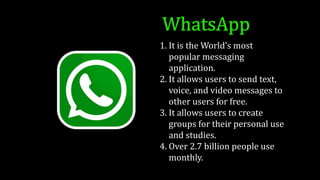 1. It is the World’s most
popular messaging
application.
2. It allows users to send text,
voice, and video messages to
other users for free.
3. It allows users to create
groups for their personal use
and studies.
4. Over 2.7 billion people use
monthly.
 