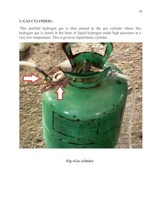 11
3. GAS CYLINDER:-
This purified hydrogen gas is then passed to the gas cylinder where this
hydrogen gas is stored in the form of liquid hydrogen under high pressures at a
very low temperature. This is given to liquid borax cylinder.
Fig:-Gas cylinder
 