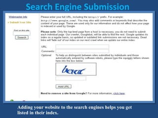 Search Engine Submission
Adding your website to the search engines helps you get
listed in their index.
 
