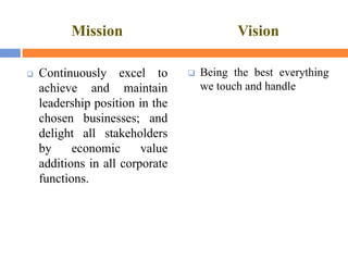 Mission


Continuously excel to
achieve and maintain
leadership position in the
chosen businesses; and
delight all stakeholders
by
economic
value
additions in all corporate
functions.

Vision


Being the best everything
we touch and handle

 