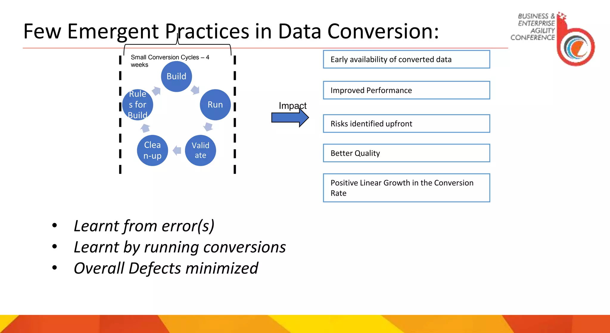 16
Build
Run
Valid
ate
Clea
n-up
Rule
s for
Build
Impact
Small Conversion Cycles – 4
weeks
Early availability of converted data
Improved Performance
Risks identified upfront
Better Quality
Positive Linear Growth in the Conversion
Rate
Few Emergent Practices in Data Conversion:
• Learnt from error(s)
• Learnt by running conversions
• Overall Defects minimized
 