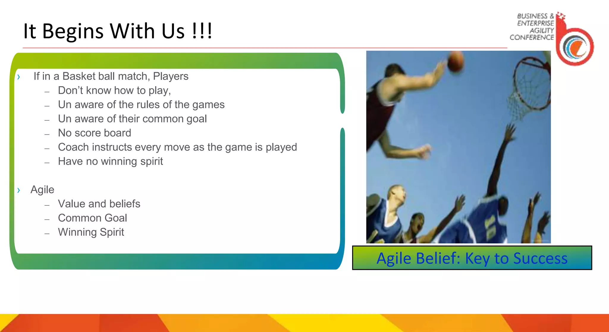 It Begins With Us !!!
› If in a Basket ball match, Players
– Don’t know how to play,
– Un aware of the rules of the games
– Un aware of their common goal
– No score board
– Coach instructs every move as the game is played
– Have no winning spirit
› Agile
– Value and beliefs
– Common Goal
– Winning Spirit
Agile Belief: Key to Success
 