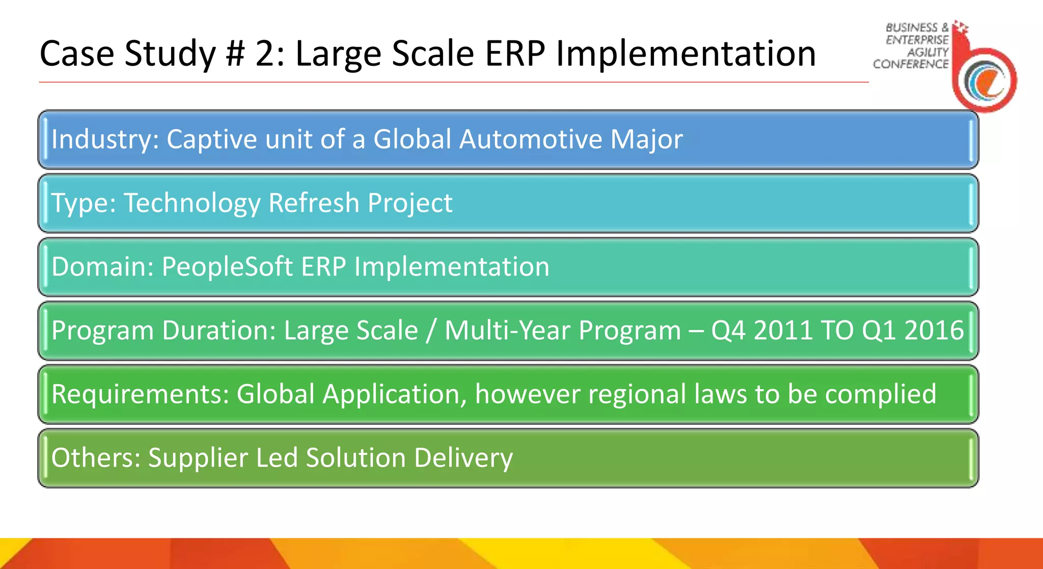 Case Study # 2: Large Scale ERP Implementation
Industry: Captive unit of a Global Automotive Major
Type: Technology Refresh Project
Domain: PeopleSoft ERP Implementation
Program Duration: Large Scale / Multi-Year Program – Q4 2011 TO Q1 2016
Requirements: Global Application, however regional laws to be complied
Others: Supplier Led Solution Delivery
 