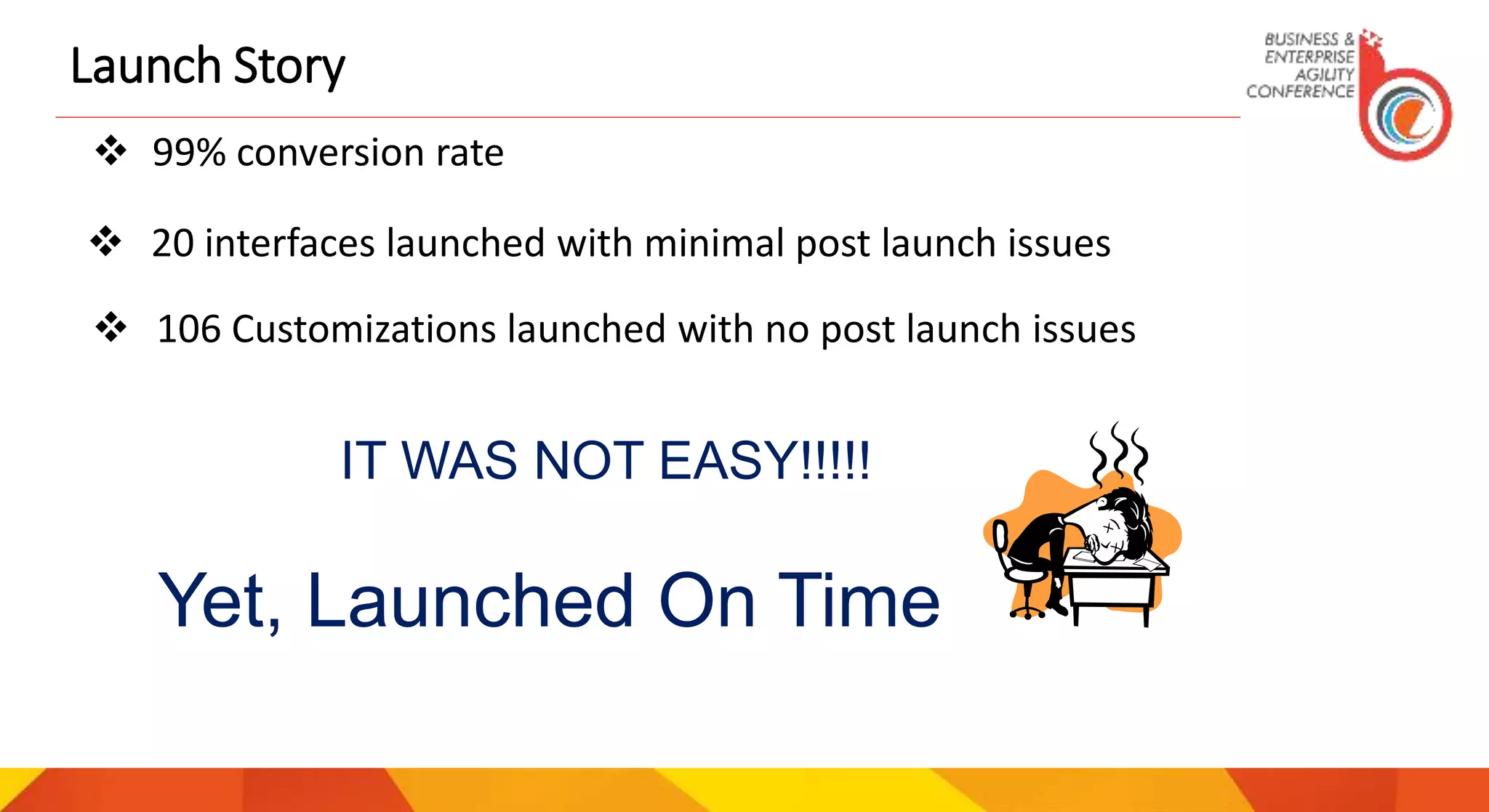 Launch Story
 99% conversion rate
Yet, Launched On Time
 20 interfaces launched with minimal post launch issues
 106 Customizations launched with no post launch issues
IT WAS NOT EASY!!!!!
 
