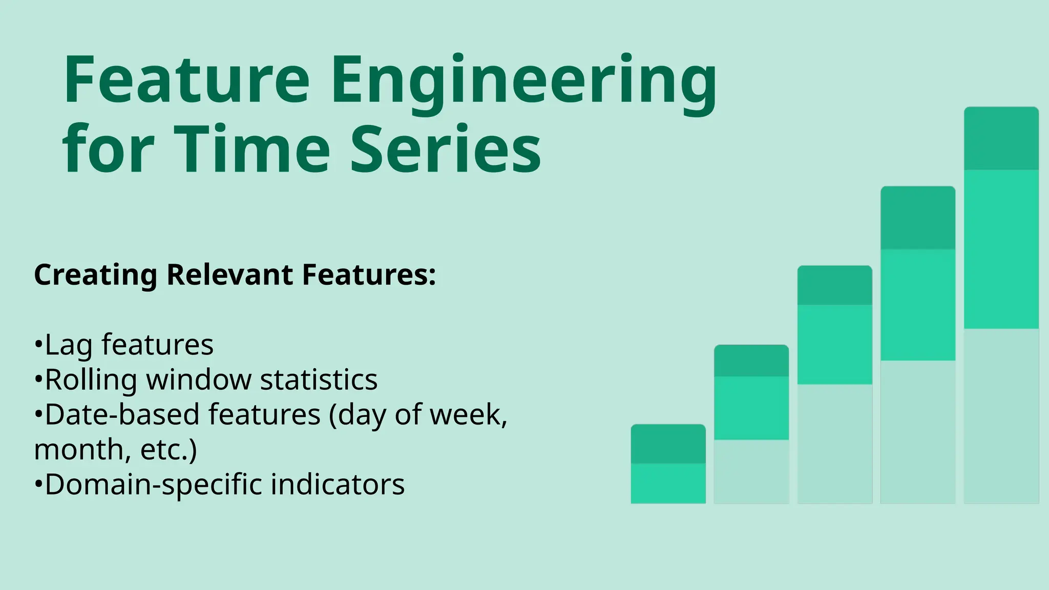 Feature Engineering
for Time Series
Creating Relevant Features:
•Lag features
•Rolling window statistics
•Date-based features (day of week,
month, etc.)
•Domain-specific indicators
 