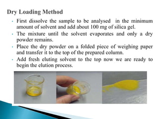 • First dissolve the sample to be analysed in the minimum
amount of solvent and add about 100 mg of silica gel.
• The mixture until the solvent evaporates and only a dry
powder remains.
• Place the dry powder on a folded piece of weighing paper
and transfer it to the top of the prepared column.
• Add fresh eluting solvent to the top now we are ready to
begin the elution process.
 