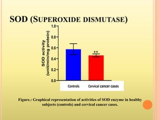 SOD (SUPEROXIDE DISMUTASE)
Figure.: Graphical representation of activities of SOD enzyme in healthy
subjects (controls) and cervical cancer cases.
 