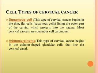 CELL TYPES OF CERVICAL CANCER
 Squamous cell :This type of cervical cancer begins in
the thin, flat cells (squamous cells) lining the outer part
of the cervix, which projects into the vagina. Most
cervical cancers are squamous cell carcinoma.
 Adenocarcinoma:This type of cervical cancer begins
in the column-shaped glandular cells that line the
cervical canal.
 