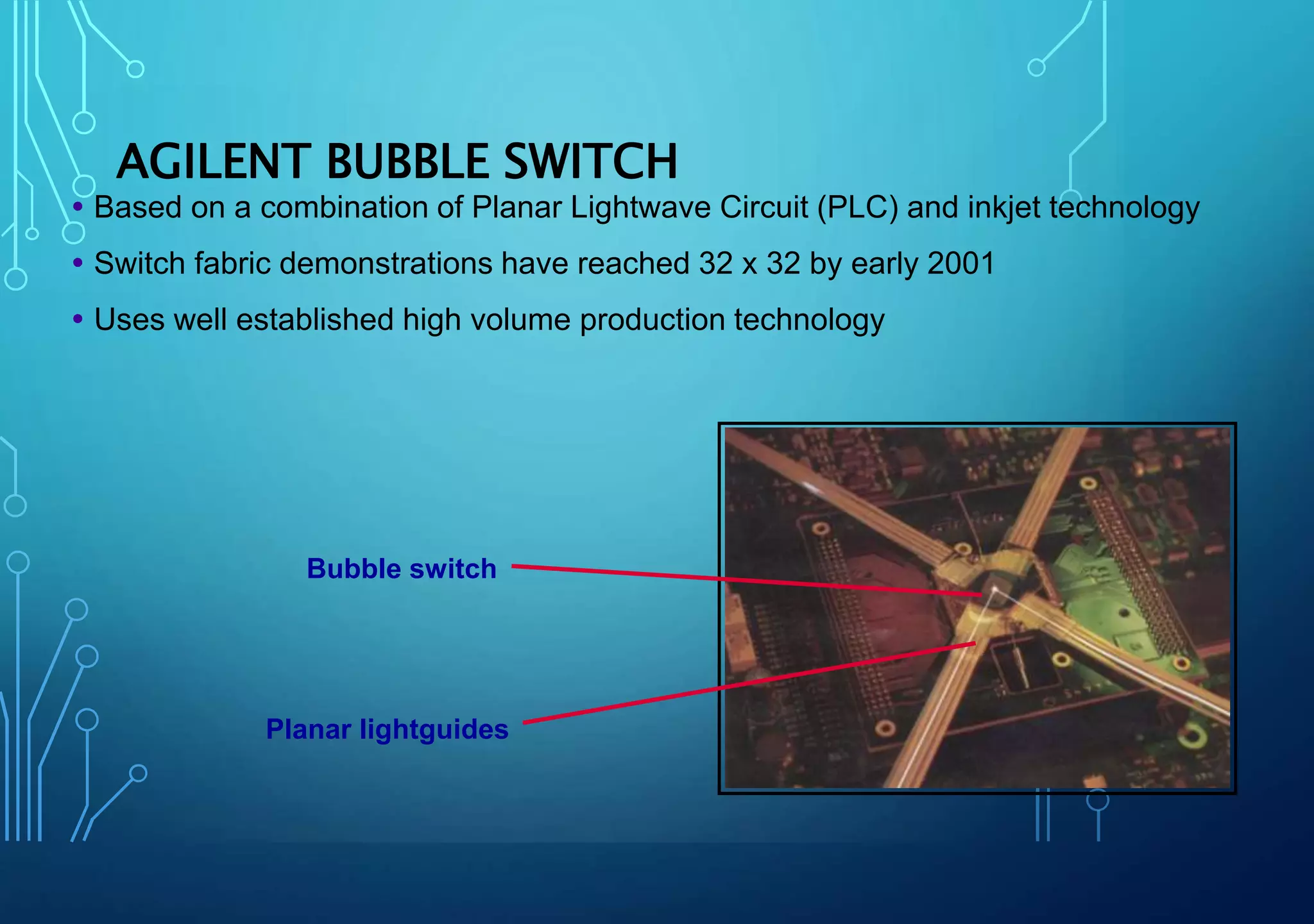  Based on a combination of Planar Lightwave Circuit (PLC) and inkjet technology
 Switch fabric demonstrations have reached 32 x 32 by early 2001
 Uses well established high volume production technology
Bubble switch
Planar lightguides
AGILENT BUBBLE SWITCH
 
