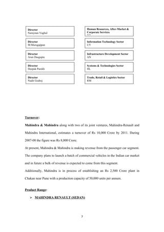 Director                                    Human Resources, After-Market &
  Naraynan Vaghul                             Corporate Services
                                              RD

  Director                                    Information Technology Sector
  M.Murugappan                                UY


  Director                                    Infrastructure Development Sector
  Arun Dasgupta                               AN


  Director                                    Systems & Technologies Sector
  Deepak Parekh                               HL


  Director                                    Trade, Retail & Logistics Sector
  Nadir Godrej                                RM




Turnover:

Mahindra & Mahindra along with two of its joint ventures, Mahindra-Renault and

Mahindra International, estimates a turnover of Rs 10,000 Crore by 2011. During

2007-08 the figure was Rs 8,000 Crore.

At present, Mahindra & Mahindra is making revenue from the passenger car segment.

The company plans to launch a batch of commercial vehicles in the Indian car market

and in future a bulk of revenue is expected to come from this segment.

Additionally, Mahindra is in process of establishing an Rs 2,500 Crore plant in

Chakan near Pune with a production capacity of 50,000 units per annum.


Product Range:

    MAHINDRA RENAULT (SEDAN)




                                          7
 