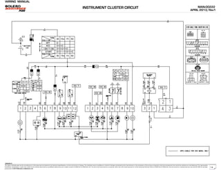 WIRING MANUAL
The repair methods given by the manufacturer in this document are based on the technical specifications, current at the time of release. The methods may be modified as a result of changes introduced by the manufacturer in the production of the various component units and accessories from which the vehicles are manufactured. The reproduction,
translation, transmission, in part of or whole of the present document,are prohibited without the prior written consent of Mahindra & Mahindra Ltd. The use of this document by any person other than the trained personnel, at the Authorized Service Centre of Mahindra & Mahindra Ltd.,will amount to unauthorized use and shall be liable for penalty/
prosecution © 2013 Mahindra & Mahindra Ltd.
MAN-00222
APRIL 2013/Rev1
04022013
INSTRUMENT CLUSTER CIRCUIT
14
 