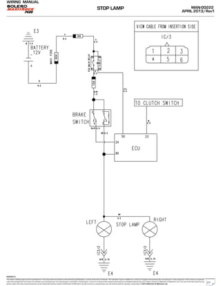 The repair methods given by the manufacturer in this document are based on the technical specifications, current at the time of release. The methods may be modified as a result of changes introduced by the manufacturer in the production of the various component
units and accessories from which the vehicles are manufactured. The reproduction, translation, transmission, in part of or whole of the present document,are prohibited without the prior written consent of Mahindra & Mahindra Ltd. The use of this document by any
person other than the trained personnel, at the Authorized Service Centre of Mahindra & Mahindra Ltd.,will amount to unauthorized use and shall be liable for penalty/prosecution © 2013 Mahindra & Mahindra Ltd.
MAN-00222
APRIL 2013/Rev1
WIRING MANUAL
04022013
STOP LAMP
21
 