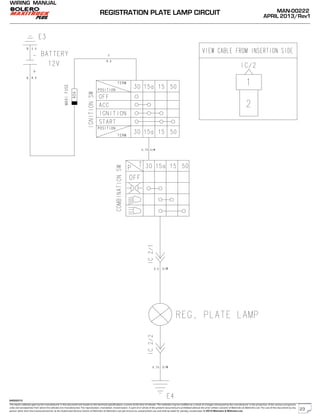 The repair methods given by the manufacturer in this document are based on the technical specifications, current at the time of release. The methods may be modified as a result of changes introduced by the manufacturer in the production of the various component
units and accessories from which the vehicles are manufactured. The reproduction, translation, transmission, in part of or whole of the present document,are prohibited without the prior written consent of Mahindra & Mahindra Ltd. The use of this document by any
person other than the trained personnel, at the Authorized Service Centre of Mahindra & Mahindra Ltd.,will amount to unauthorized use and shall be liable for penalty/prosecution © 2013 Mahindra & Mahindra Ltd.
MAN-00222
APRIL 2013/Rev1
WIRING MANUAL
04022013
REGISTRATION PLATE LAMP CIRCUIT
23
 