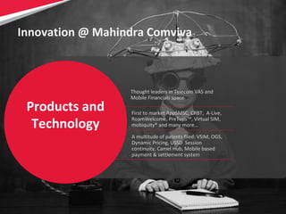 11
Products and
Technology
Innovation @ Mahindra Comviva
First to market AppSMSC, CRBT, A-Live,
RoamWelcome, PreTupsTM
, Virtual SIM,
mobiquity® and many more…
Thought leaders in Telecom VAS and
Mobile Financials space
A multitude of patents filed: VSIM, OGS,
Dynamic Pricing, USSD Session
continuity, Camel Hub, Mobile based
payment & settlement system
 