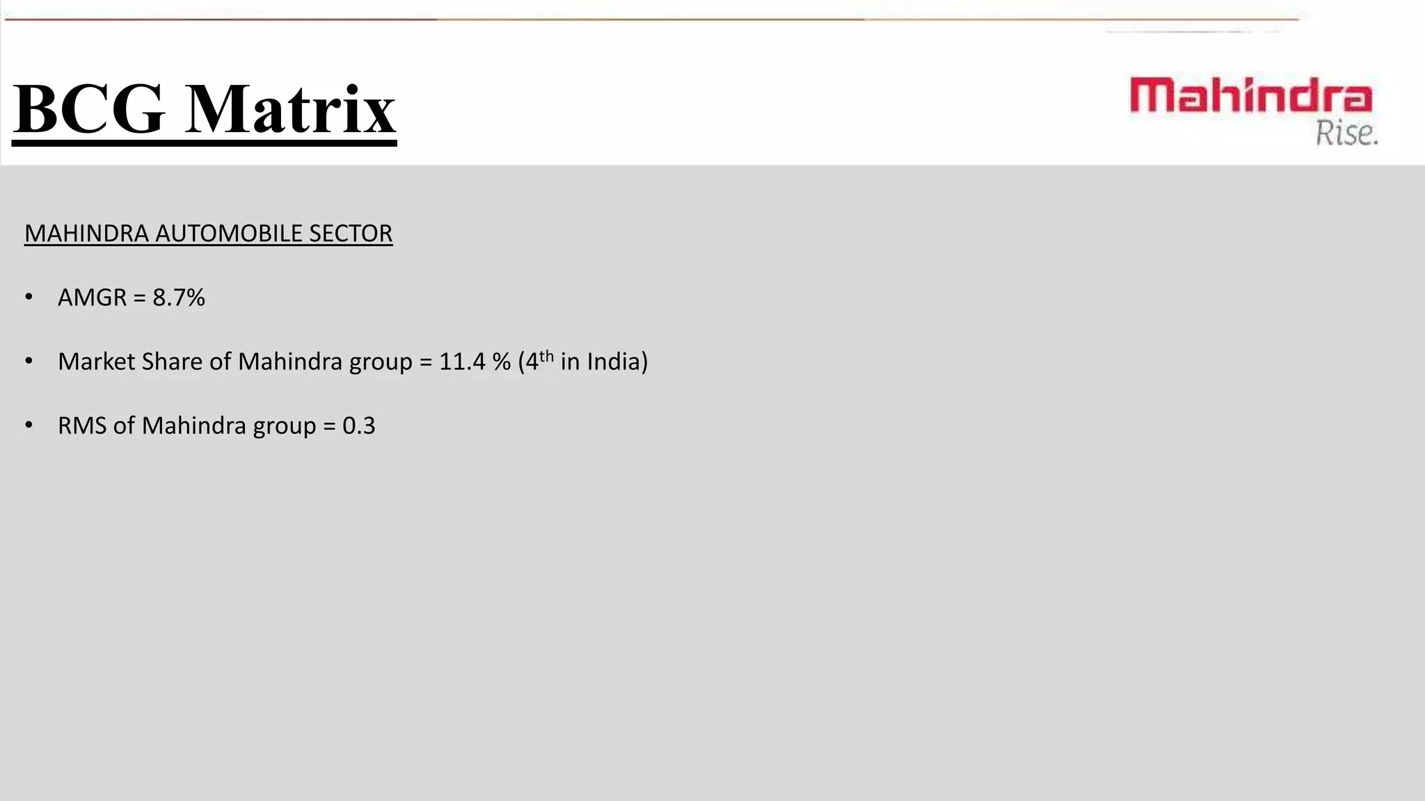 BCG Matrix
MAHINDRA AUTOMOBILE SECTOR

• AMGR = 8.7%
• Market Share of Mahindra group = 11.4 % (4th in India)
• RMS of Mahindra group = 0.3

 