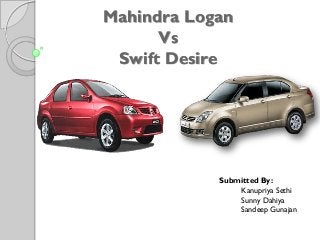 Mahindra Logan
      Vs
 Swift Desire




            Submitted By:
                Kanupriya Sethi
                Sunny Dahiya
                Sandeep Gunajan
 