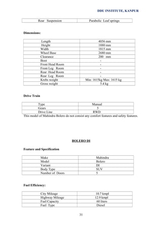DDU INSTITUTE, KANPUR
Rear Suspension

Parabolic Leaf springs

Dimensions:
Length
Height
Width
Wheel Base
Clearance
Boot
Front Head Room
Front Leg Room
Rear Head Room
Rear Leg Room
Krebs weight
Gross weight

4056 mm
1880 mm
1815 mm
2680 mm
200 mm
Min: 1615kg Max: 1615 kg
5.4 kg

Drive Train
Type
Manual
Gears
5
Drive Line
RWD
This model of Mahindra Bolero do not consist any comfort features and safety features.

BOLERO DI
Feature and Specification
Make
Model
Variant
Body Type
Number of Doors

Mahindra
Bolero
DI
SUV
5

Fuel Efficiency:
City Mileage
Highway Mileage
Fuel Capacity
Fuel Type

10.7 kmpl
12.9 kmpl
60 liters
Diesel
31

 