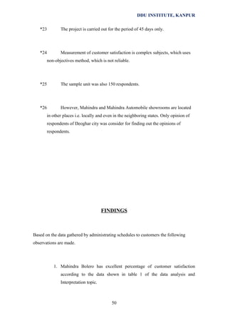 DDU INSTITUTE, KANPUR
*23

The project is carried out for the period of 45 days only.

*24

Measurement of customer satisfaction is complex subjects, which uses
non-objectives method, which is not reliable.

*25

The sample unit was also 150 respondents.

*26

However, Mahindra and Mahindra Automobile showrooms are located
in other places i.e. locally and even in the neighboring states. Only opinion of
respondents of Deoghar city was consider for finding out the opinions of
respondents.

FINDINGS

Based on the data gathered by administrating schedules to customers the following
observations are made.

1. Mahindra Bolero has excellent percentage of customer satisfaction
according to the data shown in table 1 of the data analysis and
Interpretation topic.

50

 
