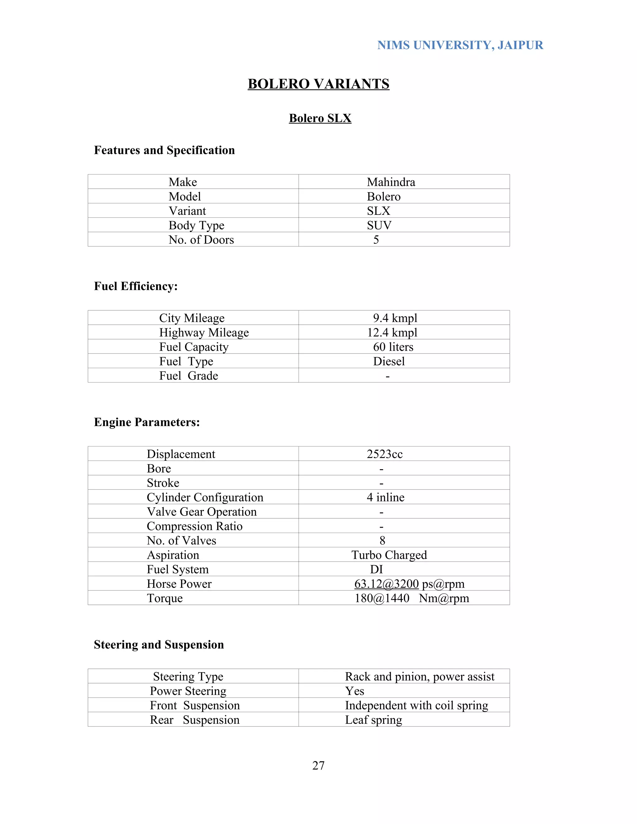 NIMS UNIVERSITY, JAIPUR


                             BOLERO VARIANTS

                                   Bolero SLX

Features and Specification

              Make                              Mahindra
              Model                             Bolero
              Variant                           SLX
              Body Type                         SUV
              No. of Doors                       5


Fuel Efficiency:

            City Mileage                         9.4 kmpl
            Highway Mileage                     12.4 kmpl
            Fuel Capacity                        60 liters
            Fuel Type                            Diesel
            Fuel Grade                              -


Engine Parameters:

          Displacement                        2523cc
          Bore                                   -
          Stroke                                 -
          Cylinder Configuration              4 inline
          Valve Gear Operation                   -
          Compression Ratio                      -
          No. of Valves                          8
          Aspiration                        Turbo Charged
          Fuel System                          DI
          Horse Power                       63.12@3200 ps@rpm
          Torque                            180@1440 Nm@rpm


Steering and Suspension

          Steering Type                    Rack and pinion, power assist
          Power Steering                   Yes
          Front Suspension                 Independent with coil spring
          Rear Suspension                  Leaf spring


                                      27
 
