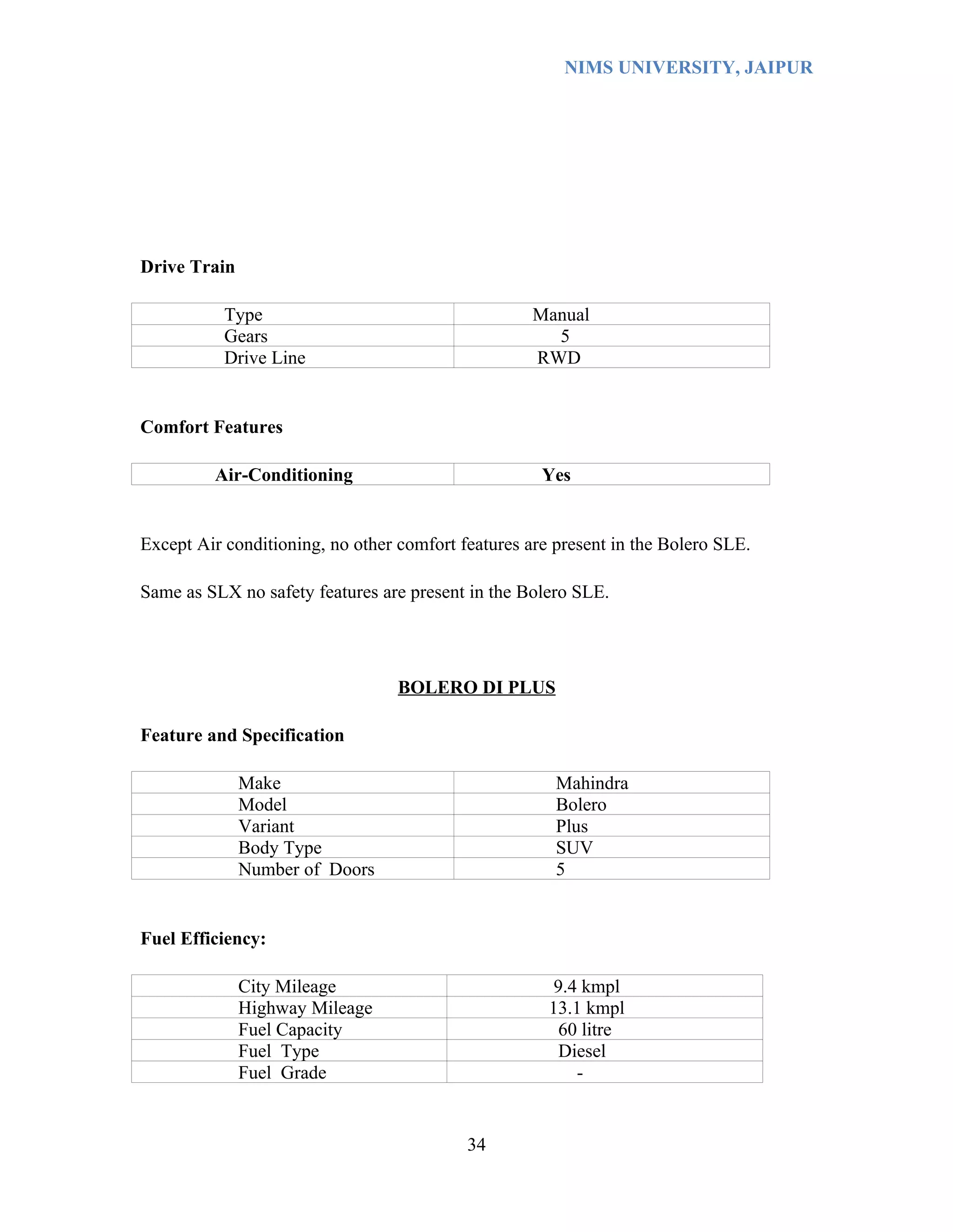 NIMS UNIVERSITY, JAIPUR




Drive Train

           Type                                     Manual
           Gears                                      5
           Drive Line                               RWD


Comfort Features

         Air-Conditioning                            Yes


Except Air conditioning, no other comfort features are present in the Bolero SLE.

Same as SLX no safety features are present in the Bolero SLE.




                                  BOLERO DI PLUS

Feature and Specification

              Make                                     Mahindra
              Model                                    Bolero
              Variant                                  Plus
              Body Type                                SUV
              Number of Doors                          5


Fuel Efficiency:

              City Mileage                             9.4 kmpl
              Highway Mileage                         13.1 kmpl
              Fuel Capacity                             60 litre
              Fuel Type                                 Diesel
              Fuel Grade                                  -


                                           34
 