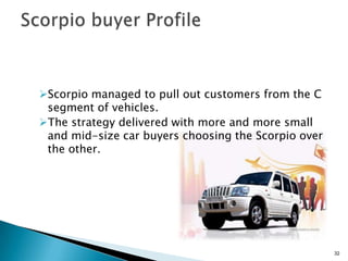 Scorpio managed to pull out customers from the C
 segment of vehicles.
The strategy delivered with more and more small
 and mid-size car buyers choosing the Scorpio over
 the other.




                                                     32
 