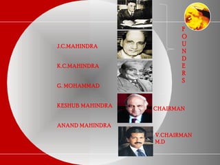 J.C.MAHINDRA
K.C.MAHINDRA
G. MOHAMMAD
KESHUB MAHINDRA
ANAND MAHINDRA
CHAIRMAN
V.CHAIRMAN
M.D
F
O
U
N
D
E
R
S
 