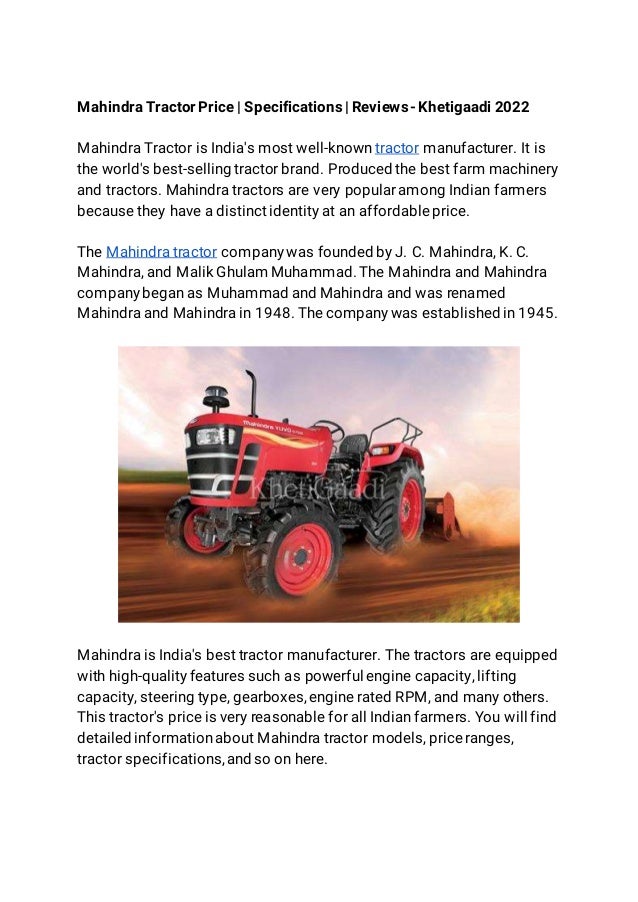 Mahindra Tractor Price Specifications Reviews Khetigaadi 2022
