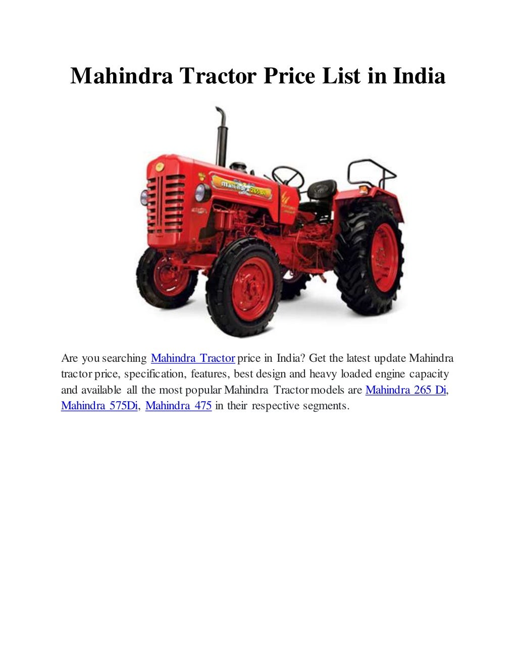 Mahindra tractor price list in india