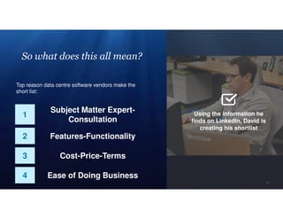 21
So what does this all mean?
Using the information he
finds on LinkedIn, David is
creating his shortlist
1
Subject Matter Expert-
Consultation
Top reason data centre software vendors make the
short list:
2 Features-Functionality
3 Cost-Price-Terms
4 Ease of Doing Business
 