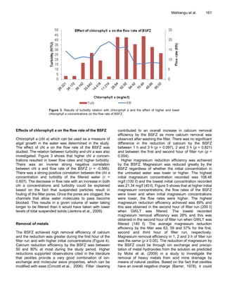 Mahlangu et al.   161




                     Figure 3. Results of turbidity relation with chlorophyll a and the effect of higher and lower
                     chlorophyll a concentrations on the flow rate of BSFZ.




Effects of chlorophyll a on the flow rate of the BSFZ                 contributed to an overall increase in calcium removal
                                                                      efficiency by the BSFZ as more calcium removal was
Chlorophyll a (chl a) which can be used as a measure of               observed after washing the filter. There was no significant
algal growth in the water was determined in the study.                difference in the reduction of calcium by the BSFZ
The effect of chl a on the flow rate of the BSFZ was                  between 1 h and 3 h (p = 0.097), 2 and 3 h (p = 0.821)
studied. The relation between turbidity and chl a was also            and between the first and second hour of filter run (p =
investigated. Figure 3 shows that higher chl a concen-                0.054).
trations resulted in lower flow rates and higher turbidity.              Higher magnesium reduction efficiency was achieved
There was an inverse strong negative correlation                      by the BSFZ. Magnesium was reduced greatly by the
between chl a and flow rate of the BSFZ (r = -0.566).                 BSFZ regardless of whether the initial concentration in
There was a strong positive correlation between the chl a             the untreated water was lower or higher. The highest
concentration and turbidity of the filtered water (r =                initial magnesium concentration recorded was 108.48
0.607). The decrease in flow rate with an increase in both            mg/ℓ (100 ℓ) and the lowest initial concentration recorded
chl a concentrations and turbidity could be explained                 was 21.34 mg/ℓ (40 ℓ). Figure 5 shows that at higher initial
based on the fact that suspended particles result in                  magnesium concentrations, the flow rates of the BSFZ
fouling of the filter pores. Once the pores are clogged, the          were lower and when initial magnesium concentrations
channels that allow water molecules to pass become                    were lower, the flow rates were higher. The highest
blocked. This results in a given volume of water taking               magnesium reduction efficiency achieved was 89% and
longer to be filtered than it would have taken with lower             this was obtained in the second hour of filter run (200 ℓ)
levels of total suspended solids (Jenkins et al., 2009).              when GWLT was filtered. The lowest recorded
                                                                      magnesium removal efficiency was 28% and this was
                                                                      obtained in the second hour of filter run when GWLT was
Removal of metals                                                     filtered (140 ℓ). The average magnesium reduction
                                                                      efficiency by the filter was 63, 59 and 57% for the first,
The BSFZ achieved high removal efficiency of calcium                  second and third hour of filter run, respectively.
and the reduction was greater during the first hour of the            Magnesium removal efficiency in 1, 2 and 3 h of filter run
filter run and with higher initial concentrations (Figure 4).         was the same (p ≥ 0.05). The reduction of magnesium by
Calcium reduction efficiency by the BSFZ was between                  the BSFZ could be through ion exchange and precipi-
50 and 80% at most during the study period. Higher                    tation of metal hydroxides from the solution as predicted
reductions supported observations cited in the literature             by Motsi et al. (2009) in a study to investigate the
that zeolites provide a very good combination of ion-                 removal of heavy metals from acid mine drainage by
exchange and molecular sieve properties, which can be                 means of natural zeolites. Based on the fact that zeolites
modified with ease (Cincotti et al., 2006). Filter cleaning           have an overall negative charge (Barrer, 1978), it could
 