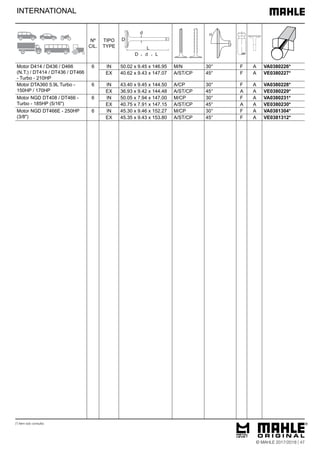 INTERNATIONAL
Motor D414 / D436 / D466
(N.T.) / DT414 / DT436 / DT466
- Turbo - 210HP
6 IN 50.02 x 9.45 x 146.95 M/N 30° F A VA0380226*
EX 40.62 x 9.43 x 147.07 A/ST/CP 45° F A VE0380227*
Motor DTA360 5.9L Turbo -
150HP / 170HP
6 IN 43.40 x 9.45 x 144.50 A/CP 30° F A VA0380228*
EX 36.93 x 9.42 x 144.48 A/ST/CP 45° A A VE0380229*
Motor NGD DT408 / DT466 -
Turbo - 185HP (5/16")
6 IN 50.05 x 7.94 x 147.00 M/CP 30° F A VA0380231*
EX 40.75 x 7.91 x 147.15 A/ST/CP 45° A A VE0380230*
Motor NGD DT466E - 250HP
(3/8")
6 IN 45.30 x 9.46 x 152.27 M/CP 30° F A VA0381304*
EX 45.35 x 9.43 x 153.80 A/ST/CP 45° F A VE0381312*
(*) Item sob consulta
© MAHLE 2017/2018 | 47
Nº
CIL.
TIPO
TYPE
 