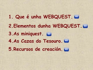 1. Que é unha WEBQUEST.
2.Elementos dunha WEBQUEST.
3.As miniquest.
4.As Cazas do Tesouro.
5.Recursos de creación.
 